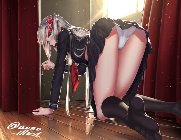 Anime picture 1580x1226 with azur lane shoukaku (azur lane) aono meri single long hair looking at viewer blush fringe breasts open mouth blue eyes light erotic holding signed silver hair ass long sleeves sunlight mole alternate costume