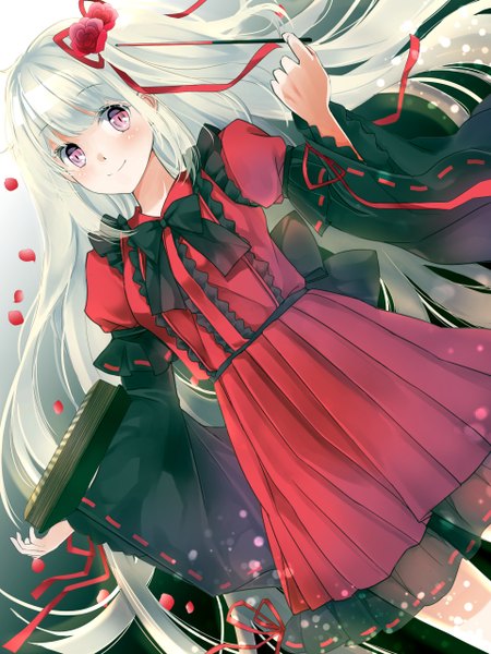 Anime picture 960x1280 with original izumil single long hair tall image looking at viewer blush smile standing ponytail long sleeves pink eyes hair flower grey hair side ponytail girl hair ornament flower (flowers) ribbon (ribbons) bow