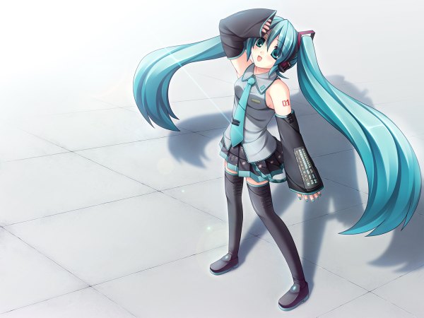 Anime picture 1200x900 with vocaloid hatsune miku white background girl thighhighs