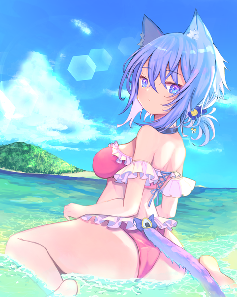 Anime picture 1117x1400 with virtual youtuber hololive nekomata okayu marekamico single tall image looking at viewer fringe short hair light erotic hair between eyes sitting purple eyes animal ears sky purple hair cloud (clouds) outdoors ass tail