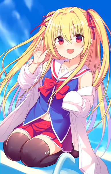 Anime picture 912x1416 with irotoridori no sekai nikaidou shinku hiraga matsuri single long hair tall image blush fringe open mouth blonde hair hair between eyes red eyes sitting looking away sky head tilt :d off shoulder two side up girl