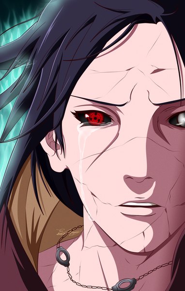 Anime picture 1595x2500 with naruto studio pierrot naruto (series) uchiha itachi madara-elias single tall image short hair open mouth black hair red eyes tears heterochromia coloring scar close-up face akatsuki sharingan white eyes