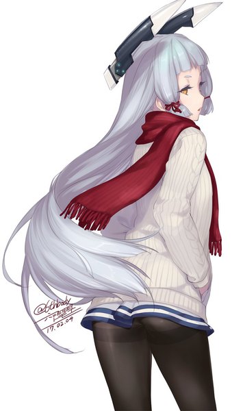 Anime picture 652x1100 with kantai collection murakumo destroyer rokuwata tomoe single long hair tall image fringe open mouth light erotic simple background white background signed yellow eyes silver hair ass blunt bangs looking back dated hands in pockets tress ribbon