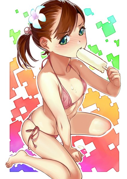 Anime picture 800x1131 with original twinpoo single tall image blush fringe short hair breasts open mouth light erotic brown hair sitting bare shoulders green eyes looking away hair flower from above sweat embarrassed no shoes
