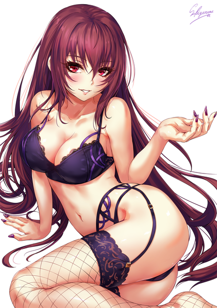 Anime picture 1000x1414 with fate (series) fate/grand order scathach (fate) (all) scathach (fate) sakiyamama single long hair tall image looking at viewer blush fringe breasts light erotic simple background hair between eyes red eyes large breasts white background sitting bare shoulders
