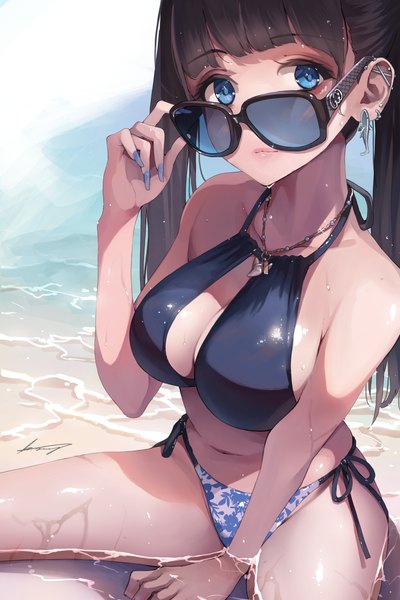 Anime picture 3266x4903 with original koh (minagi kou) single long hair tall image looking at viewer fringe highres breasts blue eyes light erotic black hair large breasts sitting twintails signed absurdres outdoors blunt bangs nail polish
