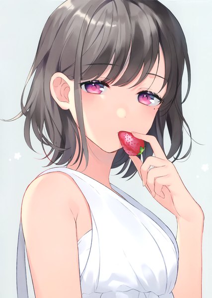 Anime picture 2091x2940 with original achiki single tall image looking at viewer blush fringe highres short hair simple background holding upper body pink eyes grey hair scan mole sleeveless mole under eye girl food