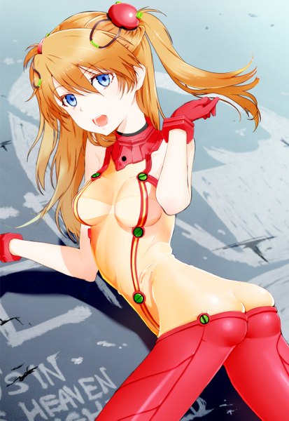 Anime picture 1000x1451 with neon genesis evangelion rebuild of evangelion evangelion: 2.0 you can (not) advance gainax soryu asuka langley yamada ranga single long hair tall image looking at viewer open mouth blue eyes light erotic brown hair twintails bare shoulders ass girl gloves pilot suit