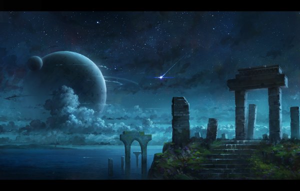 Anime picture 1200x764 with original seafh (artist) cloud (clouds) night night sky letterboxed ruins shooting star plant (plants) water star (stars) stairs planet