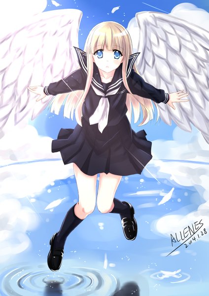 Anime picture 2480x3507 with original allenes single long hair tall image looking at viewer highres blue eyes blonde hair signed girl uniform school uniform wings socks black socks feather (feathers)