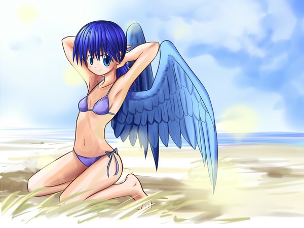 Anime picture 1024x768 with long hair blue eyes blue hair barefoot armpit (armpits) beach kneeling swimsuit bikini wings sws