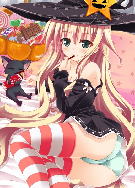 Anime picture 1400x1955 with original usagi nezumi tall image light erotic blonde hair green eyes pantyshot witch girl thighhighs detached sleeves food sweets cat witch hat chocolate