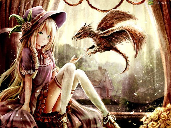 Anime picture 2000x1500 with original kirimatsu single long hair blush highres light erotic blonde hair smile sitting green eyes signed bent knee (knees) braid (braids) pleated skirt horn (horns) short sleeves pantyshot pantyshot sitting flying