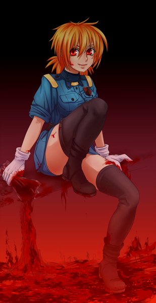Anime picture 1530x2970 with hellsing seras victoria orika nekoi single tall image looking at viewer fringe short hair blonde hair smile sitting bent knee (knees) blood stains girl gloves uniform boots white gloves blood thigh boots