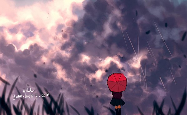 Anime picture 800x492 with original jon-lock (artist) single wide image standing sky cloud (clouds) pleated skirt from behind sunlight rain girl skirt plant (plants) umbrella grass
