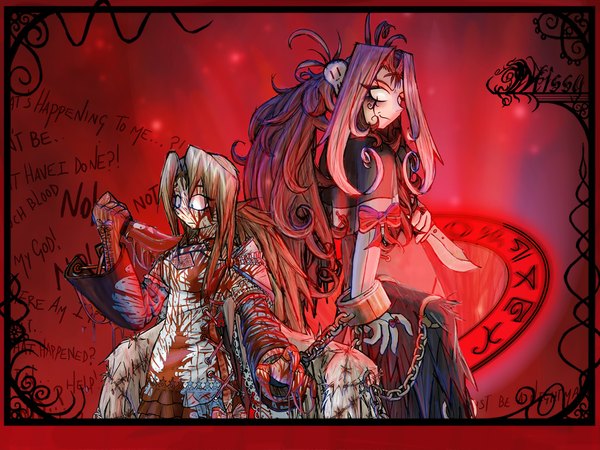 Anime picture 1024x768 with missph long hair brown hair standing multiple girls ponytail red hair text english black wings blood on face bloody clothes bloody weapon question girl 2 girls wings armor blood chain