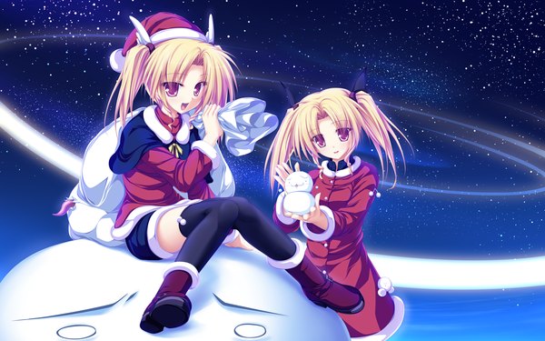 Anime picture 1920x1200 with magus tale whirlpool (studio) nina geminis rena geminis tenmaso long hair looking at viewer blush highres open mouth blonde hair smile red eyes wide image sitting twintails multiple girls game cg bent knee (knees) night