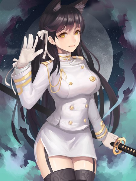 Anime picture 1000x1333 with azur lane atago (azur lane) ssal single long hair tall image looking at viewer fringe breasts light erotic black hair large breasts standing holding animal ears yellow eyes cloud (clouds) upper body outdoors arm up
