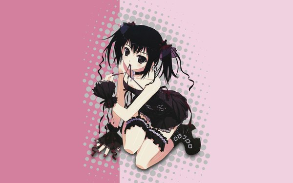 Anime picture 1920x1200 with original murakami suigun single looking at viewer fringe highres short hair black hair hair between eyes wide image twintails bare shoulders holding payot full body bent knee (knees) nail polish black eyes arm support high heels