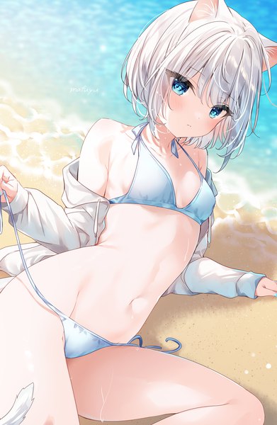 Anime picture 1174x1803 with original mafuyu (chibi21) single tall image looking at viewer blush fringe short hair breasts blue eyes light erotic animal ears silver hair outdoors tail blunt bangs nail polish animal tail cat ears off shoulder
