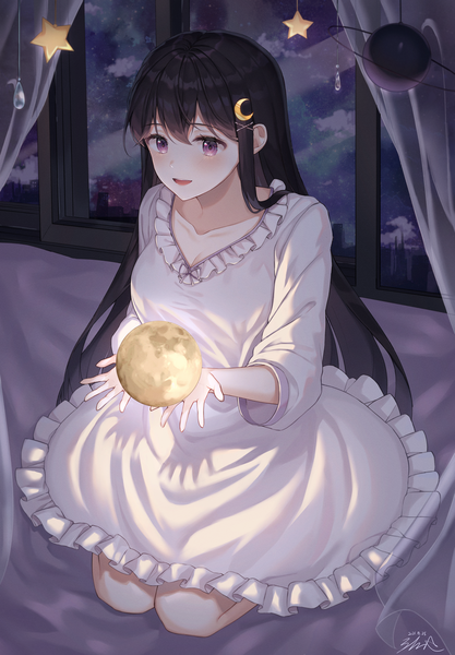 Anime picture 3773x5426 with original monjja single long hair tall image blush fringe highres open mouth black hair sitting purple eyes holding signed absurdres cloud (clouds) indoors long sleeves :d night
