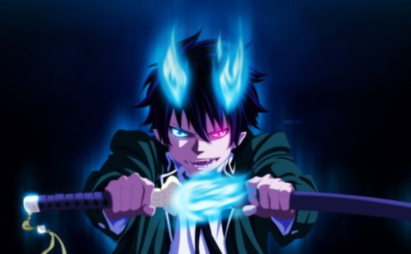 Anime picture 1231x762 with ao no exorcist a-1 pictures okumura rin eroishi single short hair open mouth blue eyes black hair smile wide image pink eyes pointy ears teeth heterochromia coloring magic black background sharp teeth boy