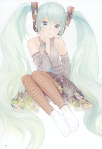 Anime picture 2063x3002 with vocaloid hatsune miku matayoshi single long hair tall image blush highres white background twintails aqua eyes light smile scan aqua hair arm support striped girl dress detached sleeves
