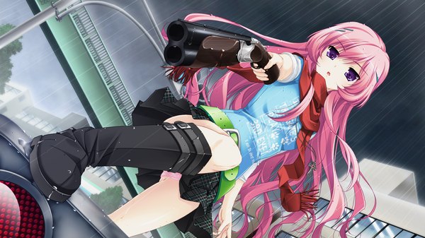 Anime picture 2560x1440 with shinigami no testament mukougaoka kana makita maki single long hair highres wide image purple eyes pink hair game cg rain girl skirt weapon miniskirt boots belt scarf gun