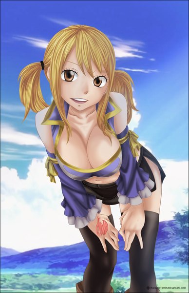 Anime picture 1267x1959 with fairy tail lucy heartfilia rigoberto60 single long hair tall image breasts open mouth light erotic blonde hair smile large breasts twintails brown eyes sky cloud (clouds) tattoo coloring mountain girl