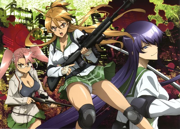 Anime picture 3292x2357 with highschool of the dead madhouse busujima saeko miyamoto rei takagi saya long hair highres open mouth blue eyes light erotic brown hair twintails multiple girls brown eyes pink hair absurdres cleavage purple hair open clothes pantyshot
