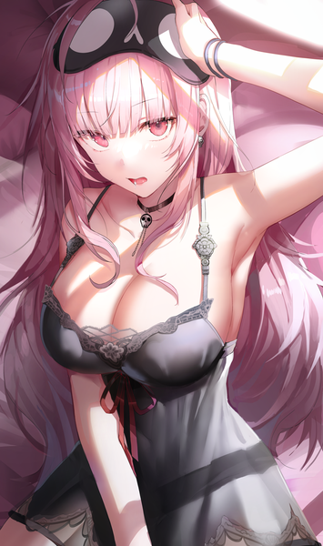 Anime-Bild 3184x5387 mit virtual youtuber hololive hololive english mori calliope mori calliope (6th costume) misyune single long hair tall image looking at viewer fringe highres breasts open mouth light erotic large breasts sitting pink hair absurdres cleavage