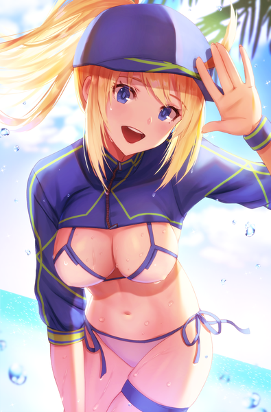 Anime picture 1998x3035 with fate (series) fate/grand order artoria pendragon (all) mysterious heroine xx (foreigner) dolce (dolsuke) single long hair tall image looking at viewer blush fringe highres breasts open mouth blue eyes light erotic blonde hair smile large breasts standing