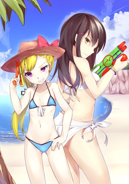 Anime picture 1402x2000 with original kuroito (snowflyer) long hair tall image looking at viewer blonde hair smile brown hair standing purple eyes bare shoulders multiple girls holding brown eyes beach sand girl hair ornament bow weapon