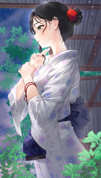 Anime picture 1400x2470 with original kfr single tall image fringe short hair black hair hair between eyes standing green eyes looking away cloud (clouds) outdoors traditional clothes japanese clothes profile night wide sleeves hair bun (hair buns) night sky