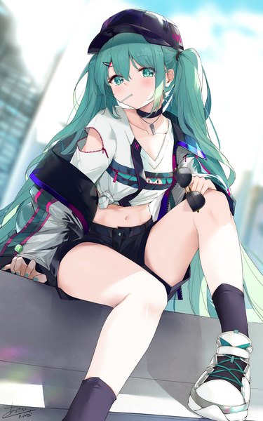 Anime picture 1275x2039 with vocaloid hatsune miku asahi kuroi single tall image looking at viewer blush fringe hair between eyes sitting twintails holding signed payot bent knee (knees) outdoors very long hair nail polish head tilt aqua eyes