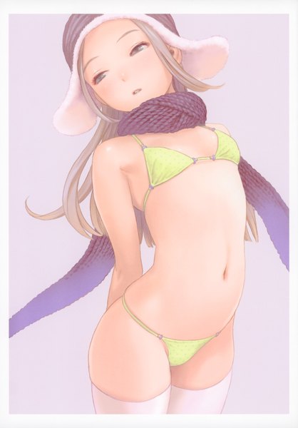 Anime picture 1219x1750 with original futuregraph range murata single long hair tall image blush open mouth light erotic brown hair bare shoulders brown eyes looking away bare belly hands behind back girl thighhighs navel swimsuit bikini