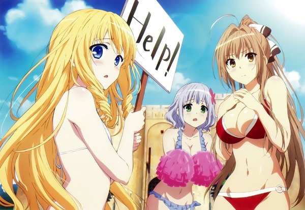 Anime picture 4726x3260 with amagi brilliant park kyoto animation sento isuzu latifa fleuranza muse (amaburi) long hair highres short hair breasts open mouth blue eyes light erotic blonde hair brown hair large breasts multiple girls brown eyes blue hair absurdres sky