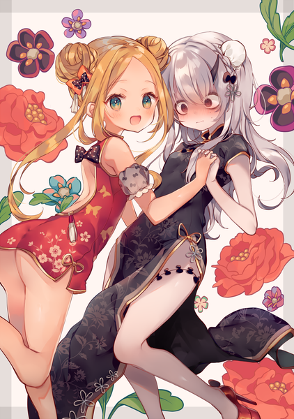 Anime picture 880x1252 with fate (series) fate/grand order abigail williams (fate) lavinia whateley (fate/grand order) ana (rznuscrf) long hair tall image looking at viewer blush fringe open mouth blue eyes light erotic simple background blonde hair smile hair between eyes red eyes multiple girls payot