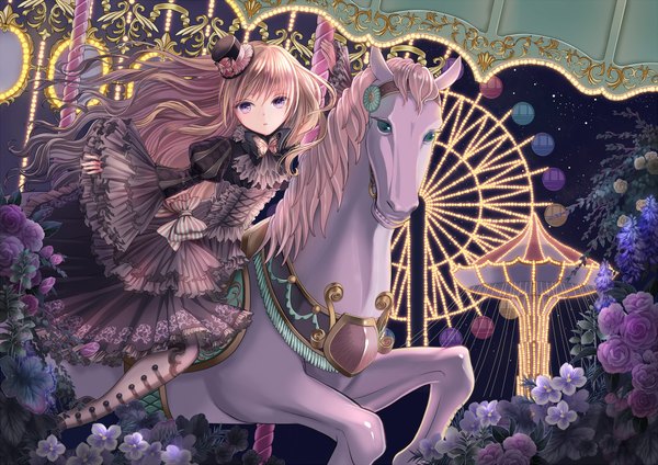 Anime picture 1023x723 with original tamaki mitsune single long hair looking at viewer fringe brown hair purple eyes holding night wide sleeves lolita fashion glow goth-loli girl dress flower (flowers) bow hat animal