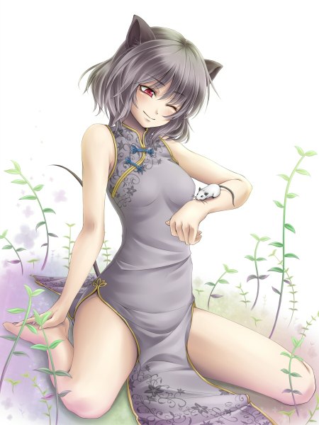 Anime picture 900x1200 with touhou nazrin mochi.f single tall image short hair red eyes sitting animal ears silver hair tail animal tail one eye closed grey hair wink girl plant (plants) animal mouse