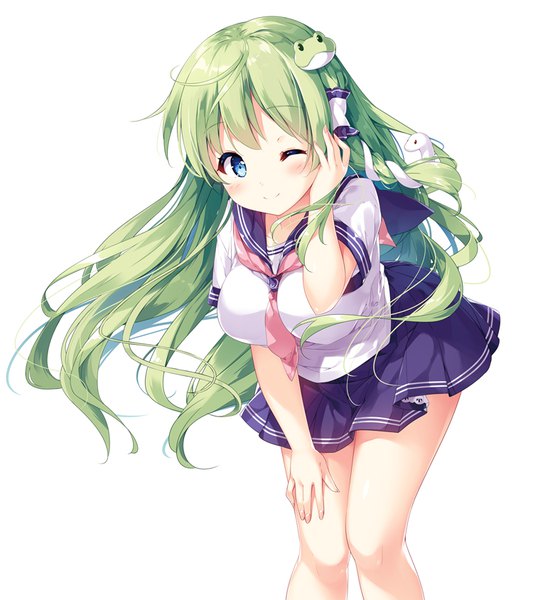 Anime picture 750x844 with touhou kochiya sanae miyase mahiro single long hair tall image looking at viewer blush fringe breasts blue eyes simple background large breasts standing white background pleated skirt one eye closed fingernails green hair wink