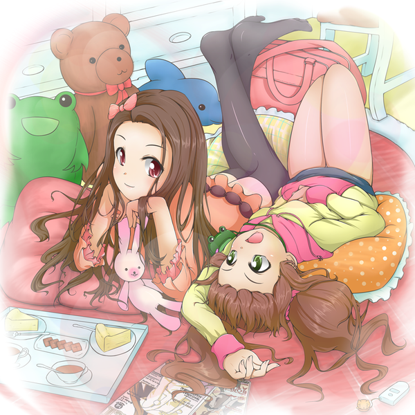 Anime picture 1000x1000 with idolmaster minase iori takatsuki yayoi pobii long hair open mouth red eyes brown hair twintails multiple girls green eyes lying girl thighhighs black thighhighs 2 girls pillow toy stuffed animal