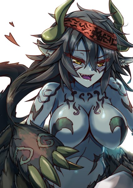 Anime picture 905x1280 with monster girl encyclopedia ushi-oni (monster girl encyclopedia) rocknroll (artist) long hair tall image blush breasts light erotic black hair simple background smile large breasts white background yellow eyes horn (horns) monster girl girl tongue