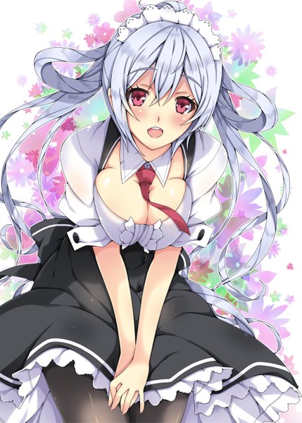 Anime picture 1000x1399 with phantasy star phantasy star online 2 sega matoi (pso2) milkpanda single long hair tall image looking at viewer blush open mouth light erotic hair between eyes red eyes cleavage silver hair maid floral background girl dress
