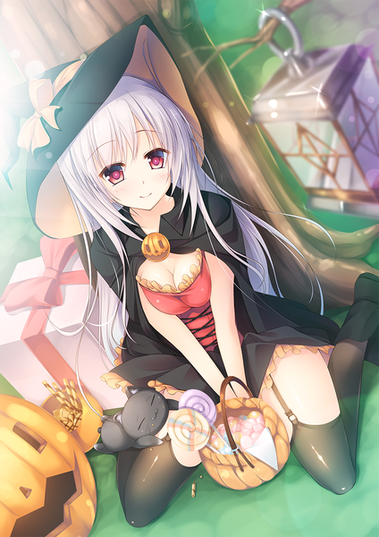Anime picture 848x1200 with original massan single long hair tall image looking at viewer red eyes white hair witch girl thighhighs dress black thighhighs hat food sweets witch hat gift candy lollipop