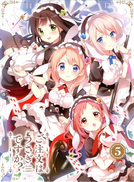 Anime picture 1660x2254 with gochuumon wa usagi desu ka? white fox hoto cocoa ujimatsu chiya natsu megumi aoyama blue mountain koi (koisan) long hair tall image blush fringe short hair open mouth blue eyes smile red eyes brown hair purple eyes multiple girls green eyes