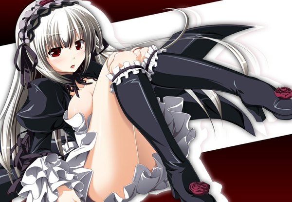 Anime picture 1000x691 with rozen maiden suigintou gucchi single long hair looking at viewer blush breasts open mouth light erotic red eyes sitting silver hair high heels legs lolita fashion goth-loli doll joints girl dress
