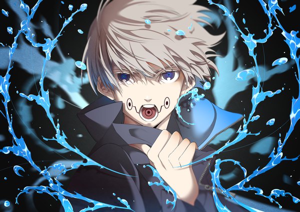 Anime picture 3400x2400 with jujutsu kaisen mappa inumaki toge sibato5 single looking at viewer highres short hair open mouth purple eyes absurdres upper body grey hair tattoo screaming boy water