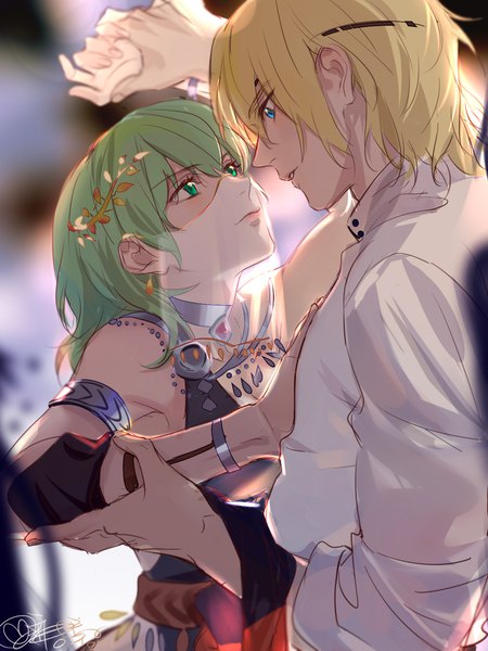 Anime picture 1125x1500 with fire emblem fire emblem: three houses nintendo byleth (fire emblem) dimitri alexandre blaiddyd byleth (female) (fire emblem) enlightened byleth (female) rinv krs long hair tall image blush fringe short hair blue eyes blonde hair hair between eyes green eyes upper body parted lips profile