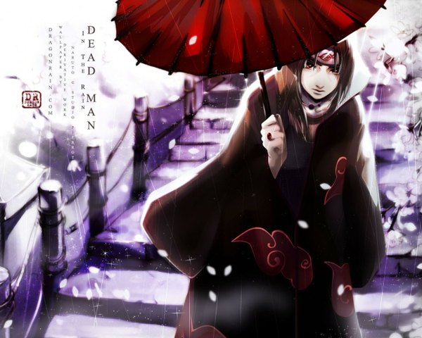 Anime picture 1240x992 with naruto studio pierrot naruto (series) uchiha itachi red eyes akatsuki sharingan boy petals umbrella ring coat stairs